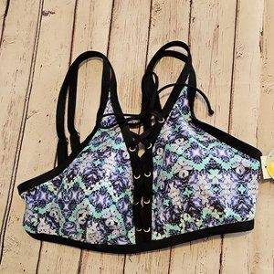 Island Soul Curve Swimsuit Bikini Top Lace Up High Neck Floral Blue 1x Plus size